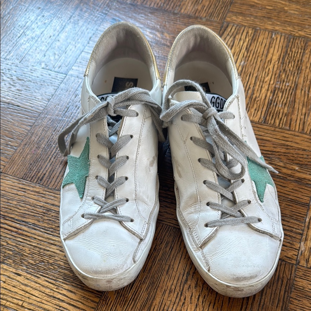 Golden Goose White and Green Athletic Shoes